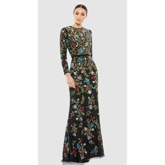 Mac Duggal Black Floral Embellished Long Sleeve Sequined Gown #5556 Sz 10 NWT - Picture 1 of 13